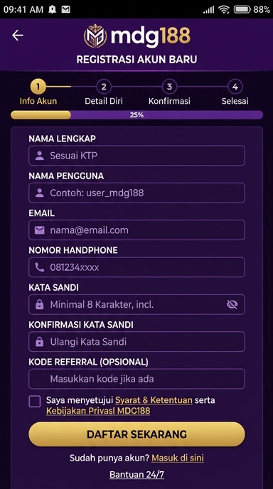 Tampilan halaman daftar mdg188